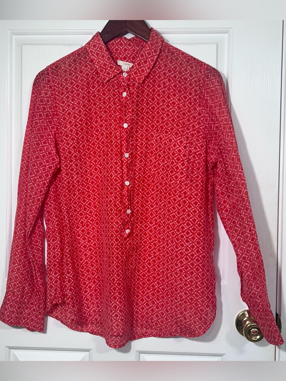 J.Crew Red Geometric Silk Cotton Button Up Top M - The Lattice Geo Print Blouse